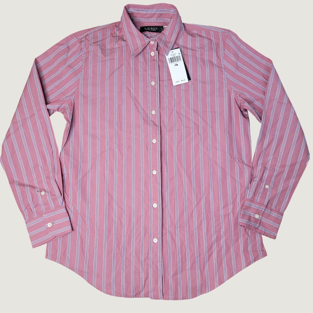 Lauren Ralph Lauren Petite Pink Blue Striped Button Down Shirt PM NWT